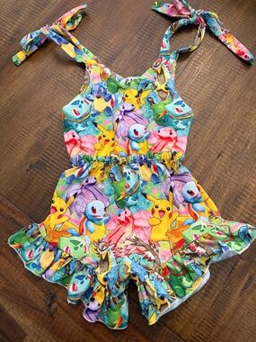 Lilly in the Alley Pikachu Pokémon Print Ruffled Bubble Romper - Super Cute!